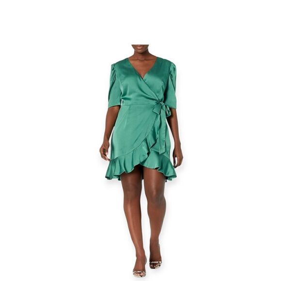 Keepsake The Label Green Satin Wrap Dress | Ruffle Short Sleeve Mini | Size L - Picture 1 of 15